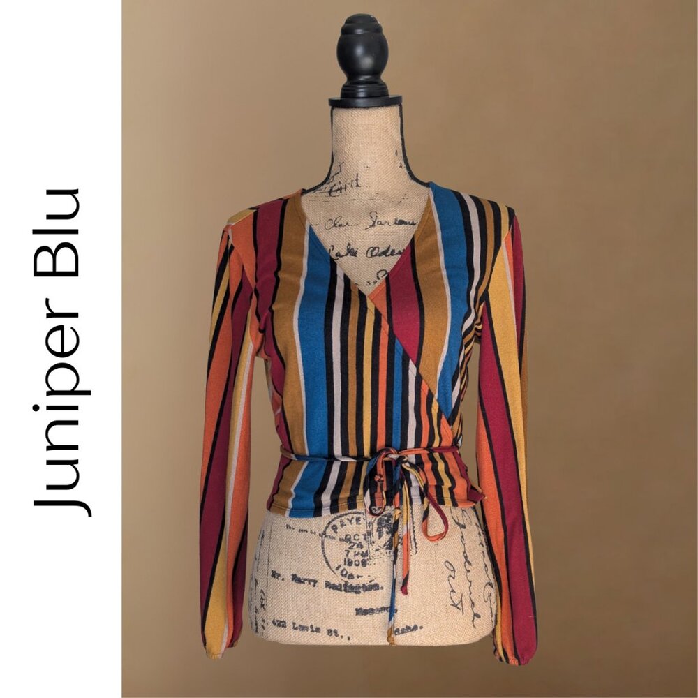 Juniper Blu Wrap Top | Multicolor Vertical Stripe V-Neck Tie Waist | Size Small